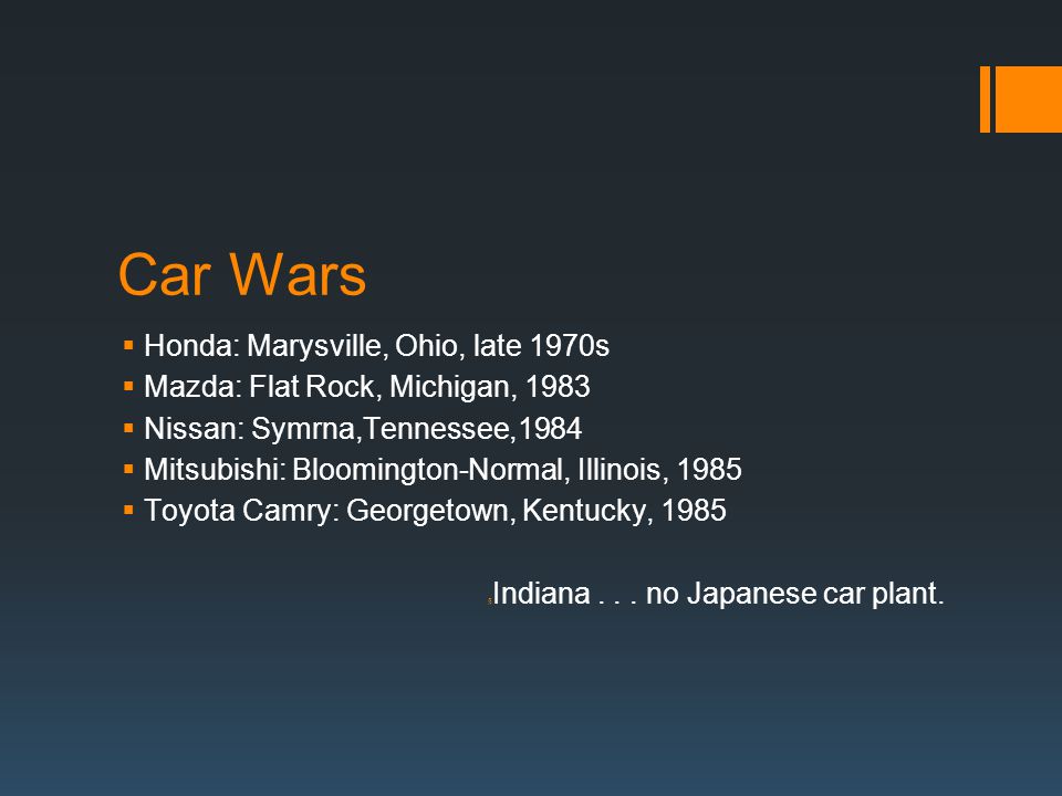 Car Wars  Honda: Marysville, Ohio, late 1970s  Mazda: Flat Rock, Michigan, 1983  Nissan: Symrna,Tennessee,1984  Mitsubishi: Bloomington-Normal, Illinois, 1985  Toyota Camry: Georgetown, Kentucky, 1985 § Indiana...
