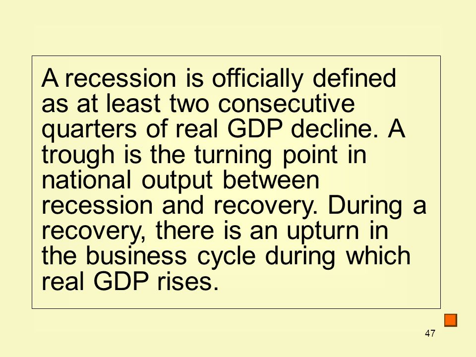 47 A recession is officially defined as at least two consecutive quarters of real GDP decline.