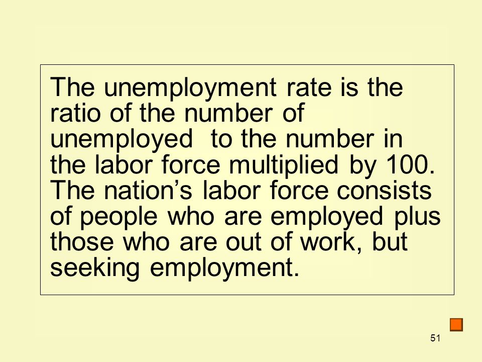 51 The unemployment rate is the ratio of the number of unemployed to the number in the labor force multiplied by 100.
