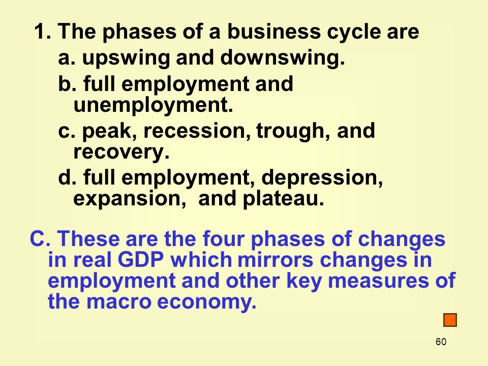 60 1. The phases of a business cycle are a. upswing and downswing.
