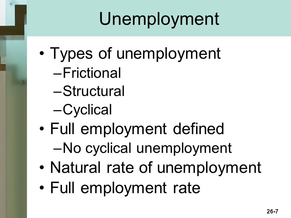 26-7 Unemployment Types of unemployment –Frictional –Structural –Cyclical Full employment defined –No cyclical unemployment Natural rate of unemployment Full employment rate