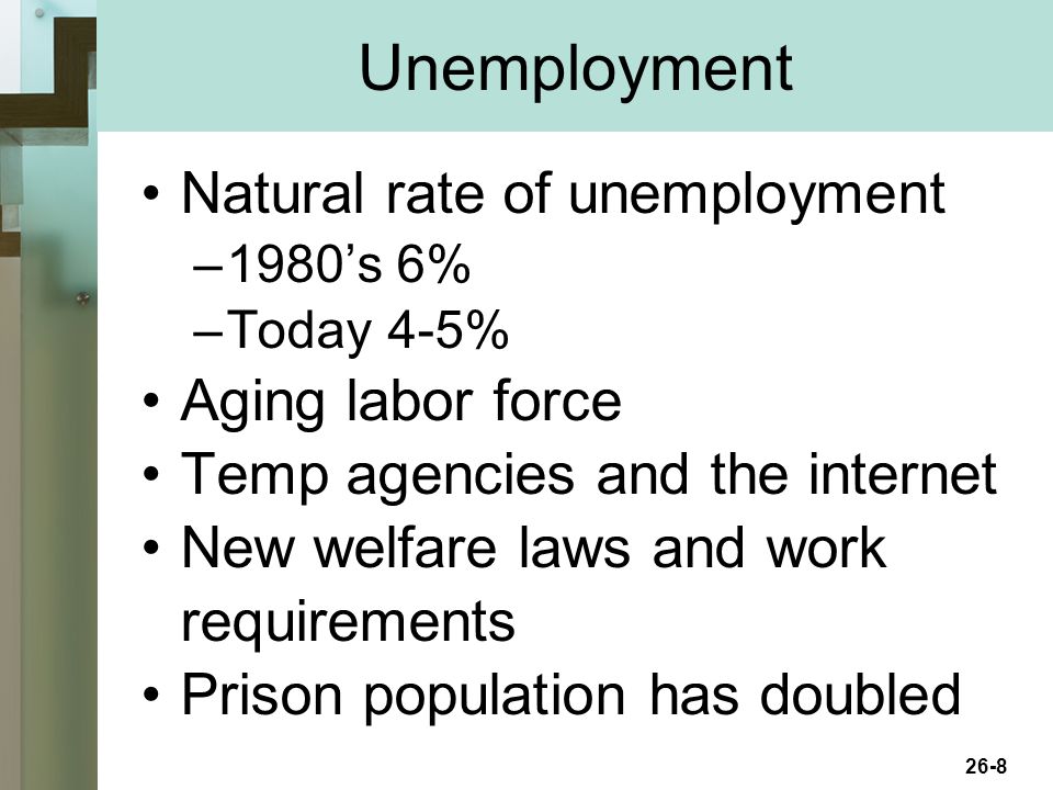 26-8 Unemployment Natural rate of unemployment –1980’s 6% –Today 4-5% Aging labor force Temp agencies and the internet New welfare laws and work requirements Prison population has doubled