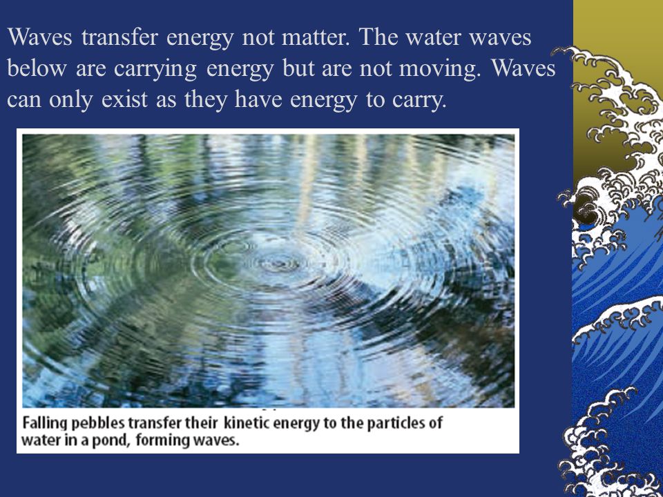 Waves transfer energy not matter. The water waves below are carrying energy but are not moving.