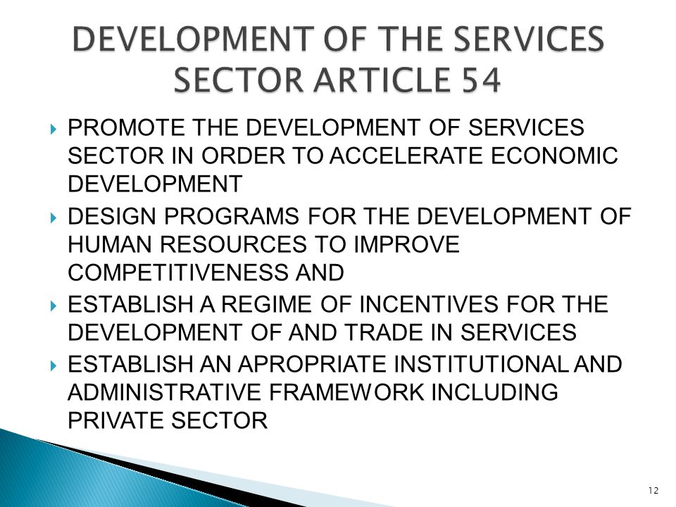  PROMOTE THE DEVELOPMENT OF SERVICES SECTOR IN ORDER TO ACCELERATE ECONOMIC DEVELOPMENT  DESIGN PROGRAMS FOR THE DEVELOPMENT OF HUMAN RESOURCES TO IMPROVE COMPETITIVENESS AND  ESTABLISH A REGIME OF INCENTIVES FOR THE DEVELOPMENT OF AND TRADE IN SERVICES  ESTABLISH AN APROPRIATE INSTITUTIONAL AND ADMINISTRATIVE FRAMEWORK INCLUDING PRIVATE SECTOR 12
