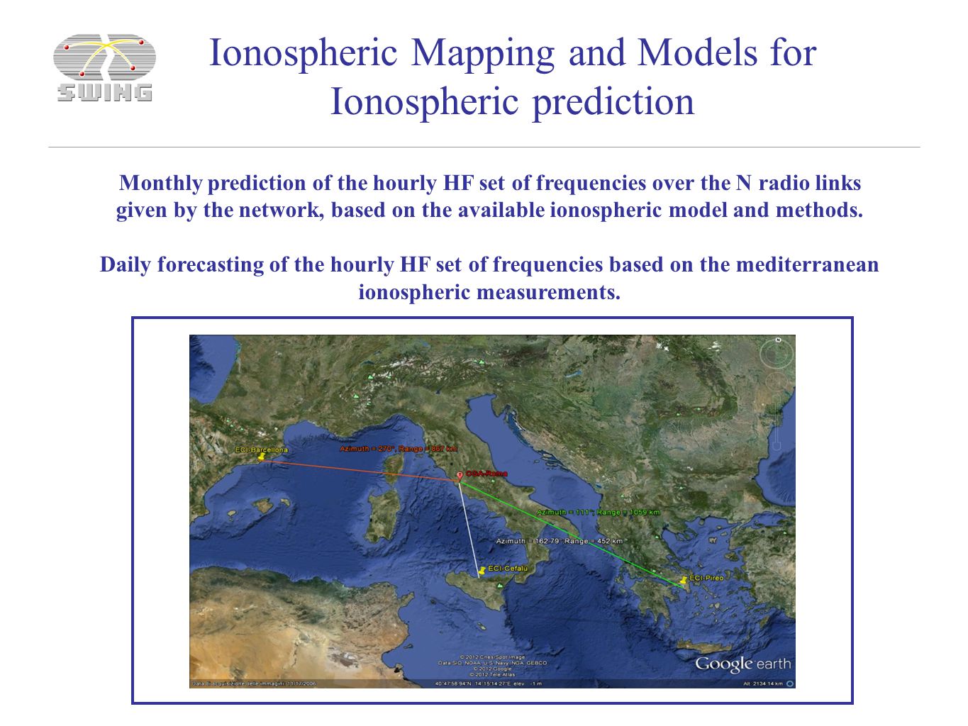 Ionospheric Mapping and Models for Ionospheric prediction Monthly prediction of the hourly HF set of frequencies over the N radio links given by the network, based on the available ionospheric model and methods.