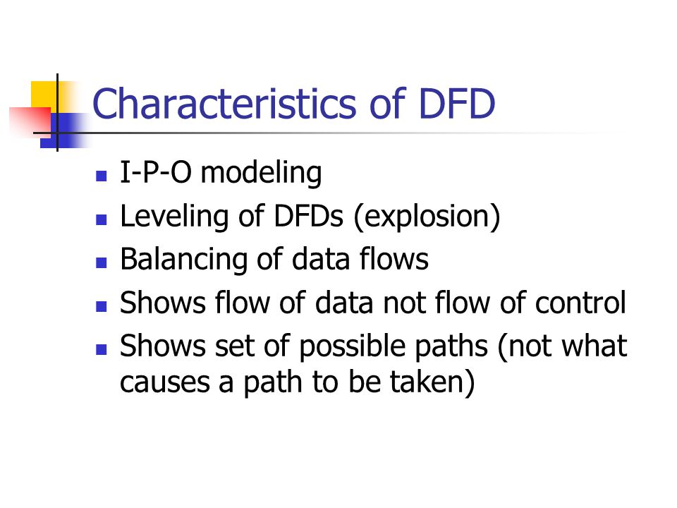 Characteristics of DFD I-P-O modeling Leveling of DFDs (explosion) Balancing of data flows Shows flow of data not flow of control Shows set of possible paths (not what causes a path to be taken)