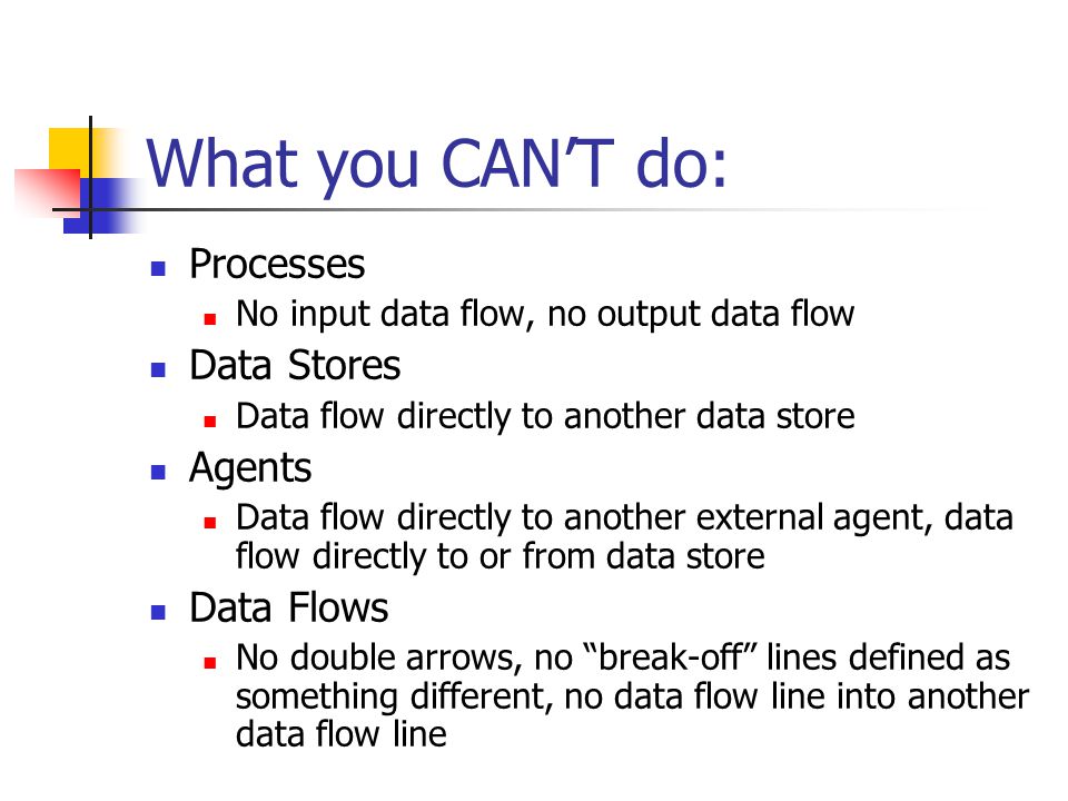 What you CAN’T do: Processes No input data flow, no output data flow Data Stores Data flow directly to another data store Agents Data flow directly to another external agent, data flow directly to or from data store Data Flows No double arrows, no break-off lines defined as something different, no data flow line into another data flow line