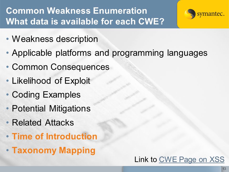Common Weakness Enumeration What data is available for each CWE.
