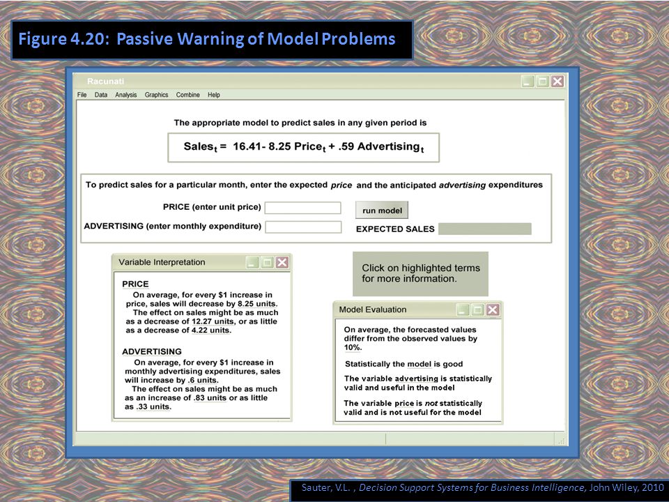 Sauter, V.L., Decision Support Systems for Business Intelligence, John Wiley, 2010 Figure 4.20: Passive Warning of Model Problems