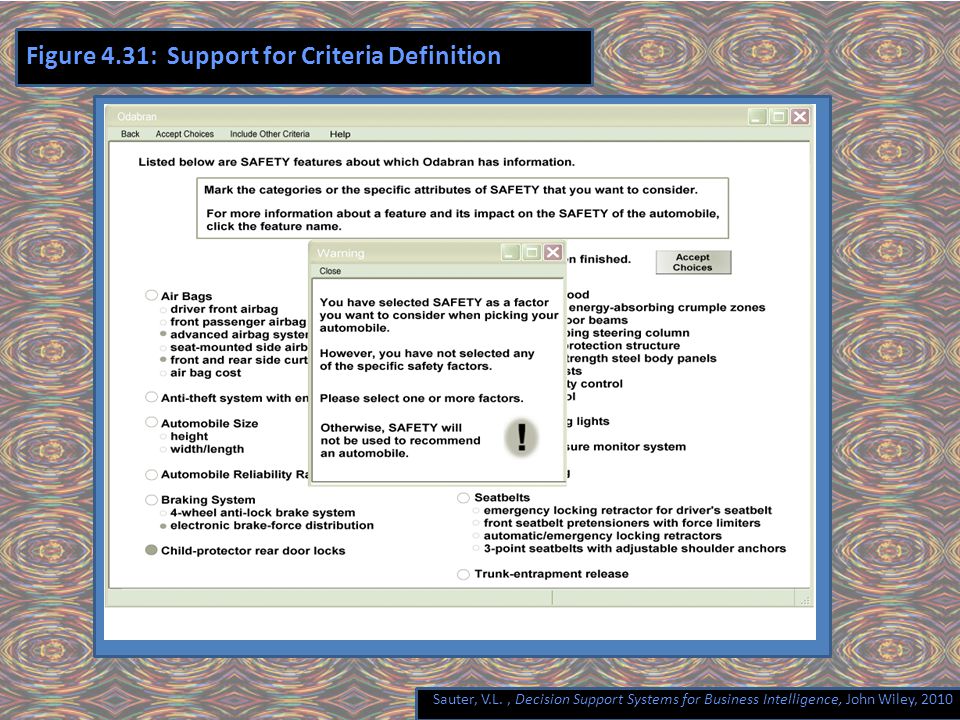 Sauter, V.L., Decision Support Systems for Business Intelligence, John Wiley, 2010 Figure 4.31: Support for Criteria Definition