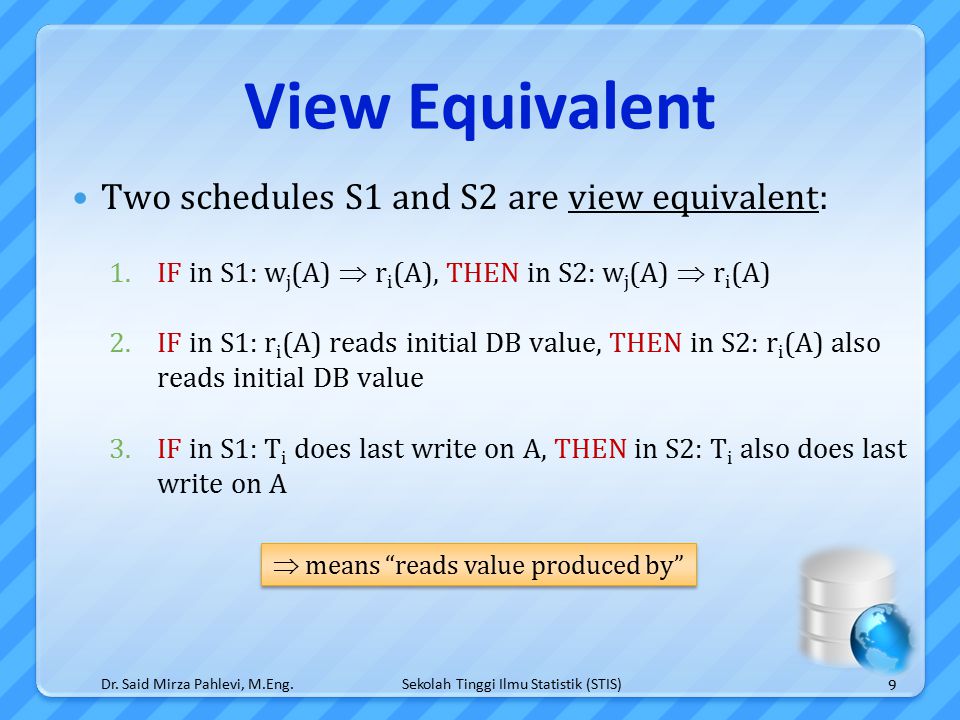 Sekolah Tinggi Ilmu Statistik (STIS) View Equivalent Two schedules S1 and S2 are view equivalent: 1.IF in S1: w j (A)  r i (A), THEN in S2: w j (A)  r i (A) 2.IF in S1: r i (A) reads initial DB value, THEN in S2: r i (A) also reads initial DB value 3.IF in S1: T i does last write on A, THEN in S2: T i also does last write on A Dr.