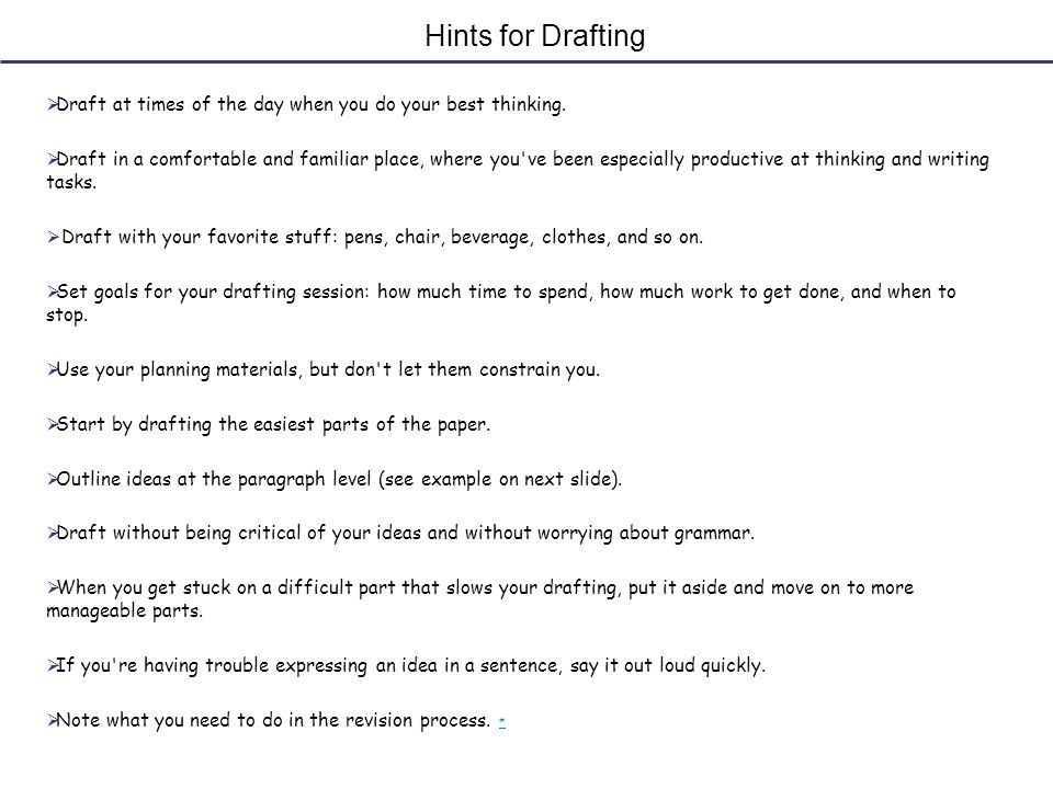 Hints for Drafting  Draft at times of the day when you do your best thinking.