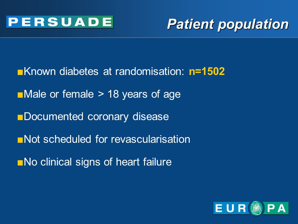 Patient population Known diabetes at randomisation: n=1502 Male or female > 18 years of age Documented coronary disease Not scheduled for revascularisation No clinical signs of heart failure