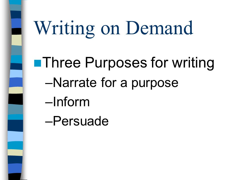 Writing on Demand Three Purposes for writing –Narrate for a purpose –Inform –Persuade