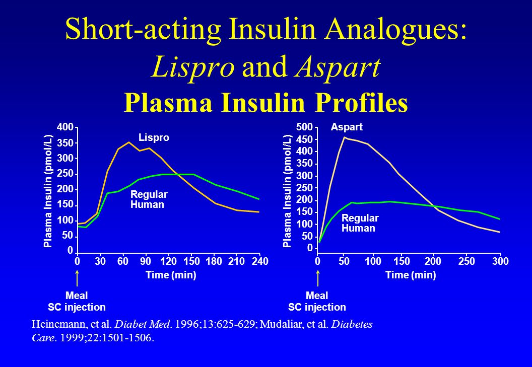 Short-acting Insulin Analogues: Lispro and Aspart Plasma Insulin Profiles Meal SC injection Time (min) Lispro Regular Human Time (min) Aspart Regular Human Plasma Insulin (pmol/L) Meal SC injection Heinemann, et al.