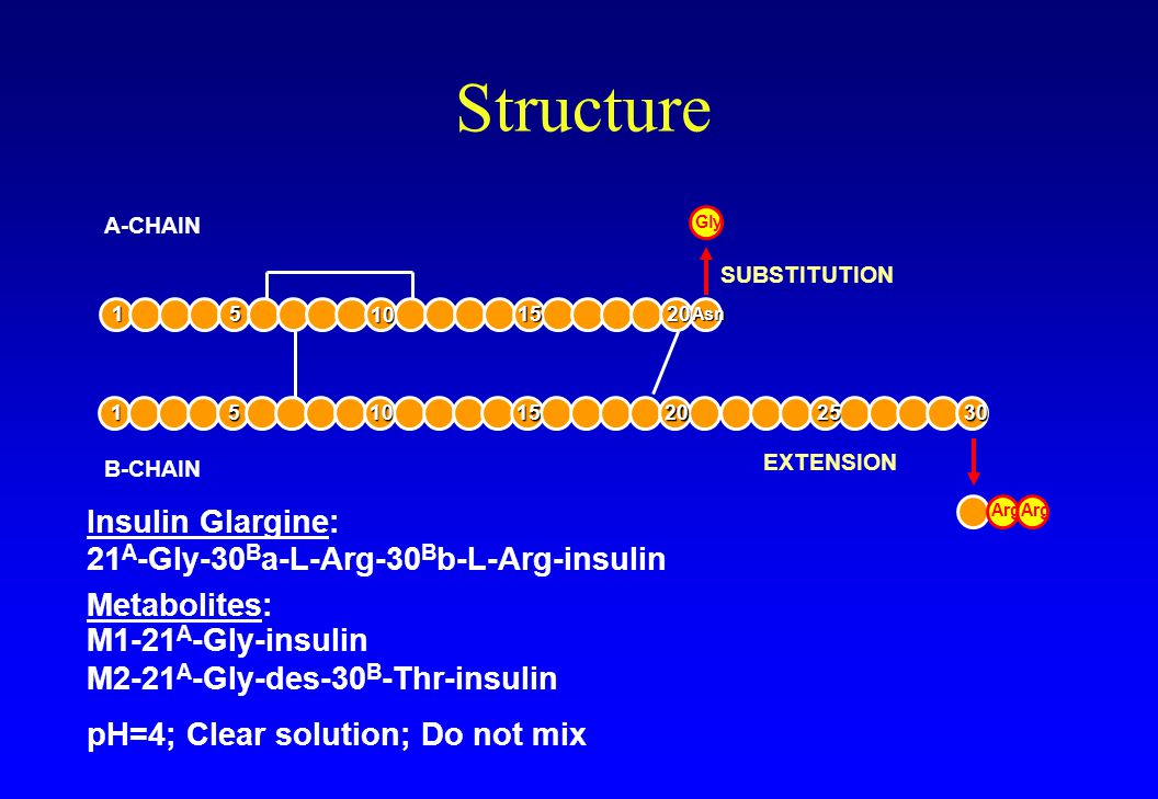 Structure Insulin Glargine: 21 A -Gly-30 B a-L-Arg-30 B b-L-Arg-insulin Metabolites: M1-21 A -Gly-insulin M2-21 A -Gly-des-30 B -Thr-insulin pH=4; Clear solution; Do not mix Asn Arg SUBSTITUTION EXTENSION Gly A-CHAIN B-CHAIN