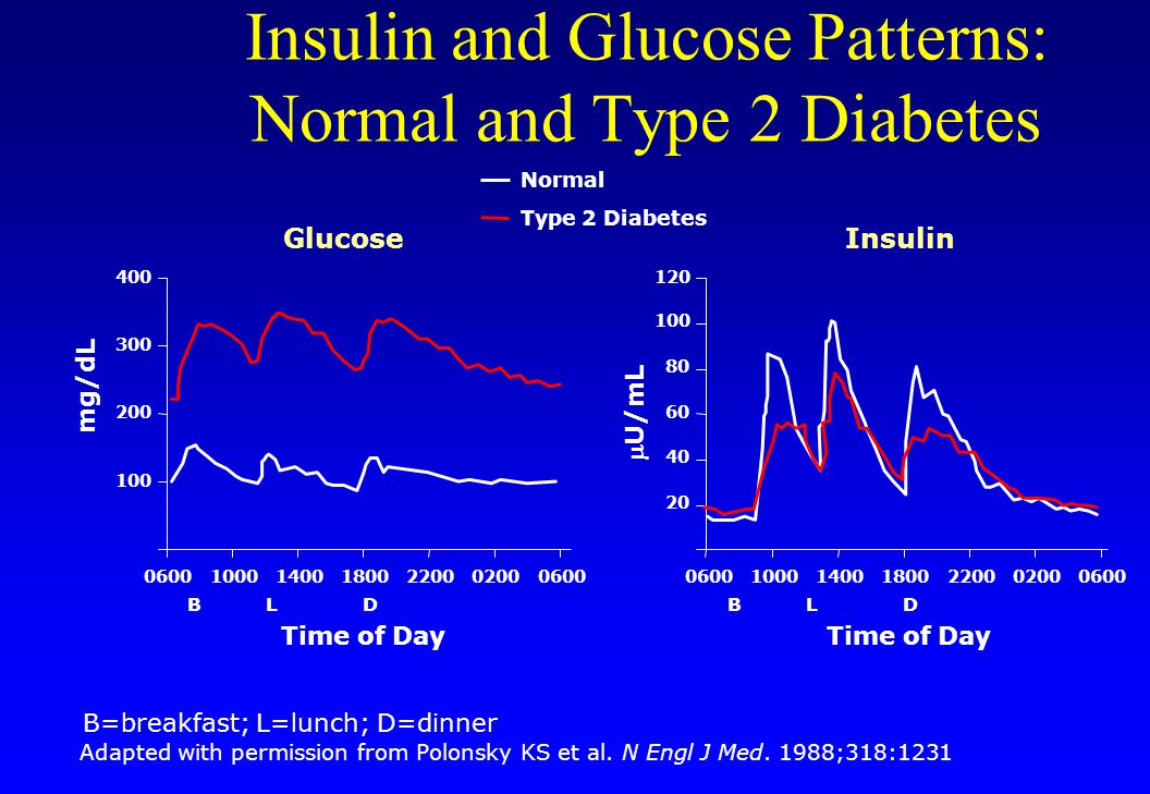 Normal Type 2 Diabetes Glucose mg/dL Insulin Time of Day BLD Time of Day BLD U/mL Insulin and Glucose Patterns: Normal and Type 2 Diabetes Adapted with permission from Polonsky KS et al.