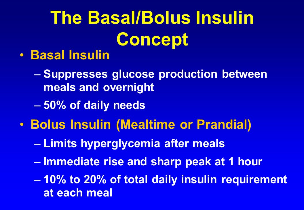 The Basal/Bolus Insulin Concept Basal Insulin –Suppresses glucose production between meals and overnight –50% of daily needs Bolus Insulin (Mealtime or Prandial) –Limits hyperglycemia after meals –Immediate rise and sharp peak at 1 hour –10% to 20% of total daily insulin requirement at each meal