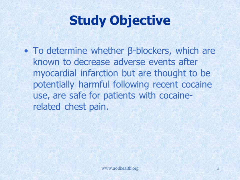 Study Objective To determine whether β-blockers, which are known to decrease adverse events after myocardial infarction but are thought to be potentially harmful following recent cocaine use, are safe for patients with cocaine- related chest pain.