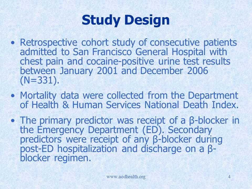 Study Design Retrospective cohort study of consecutive patients admitted to San Francisco General Hospital with chest pain and cocaine-positive urine test results between January 2001 and December 2006 (N=331).