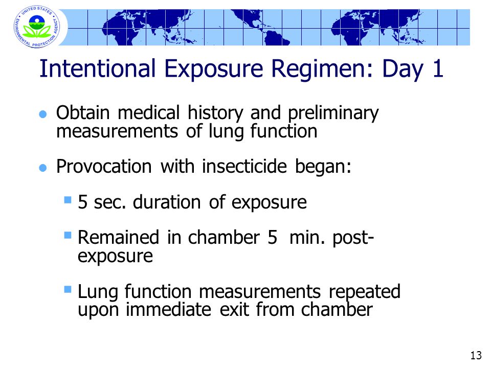 13 Intentional Exposure Regimen: Day 1 Obtain medical history and preliminary measurements of lung function Provocation with insecticide began:  5 sec.