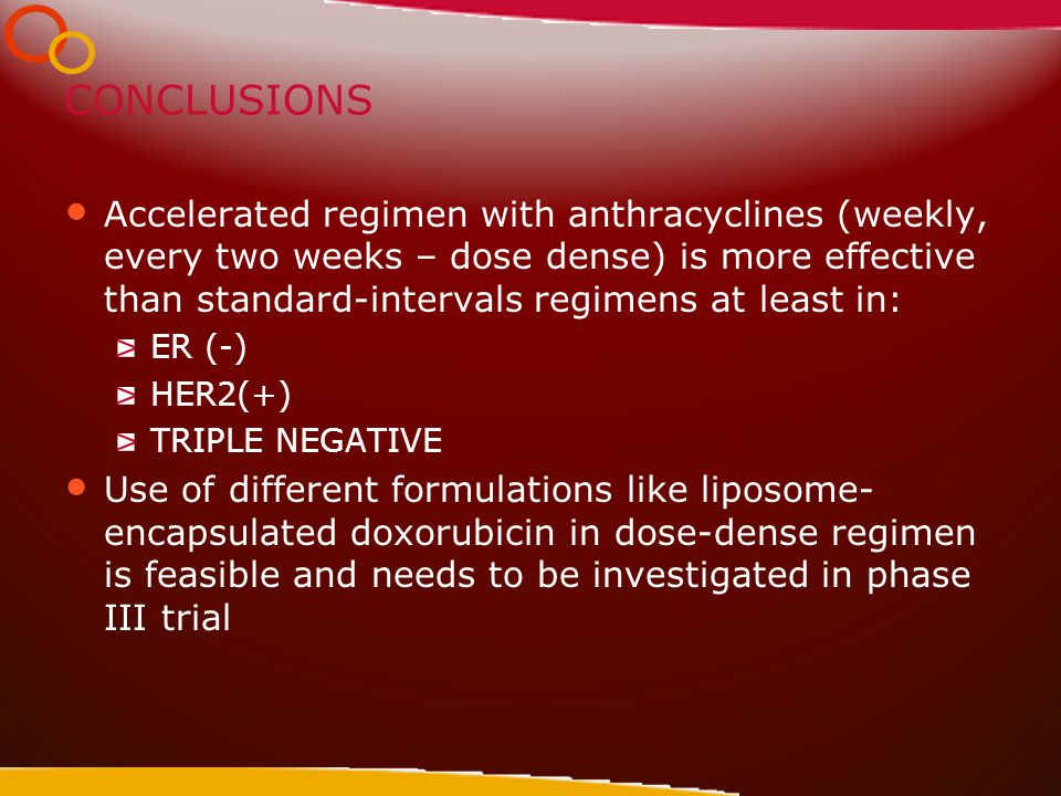 CONCLUSIONS Accelerated regimen with anthracyclines (weekly, every two weeks – dose dense) is more effective than standard-intervals regimens at least in: ER (-) HER2(+) TRIPLE NEGATIVE Use of different formulations like liposome- encapsulated doxorubicin in dose-dense regimen is feasible and needs to be investigated in phase III trial