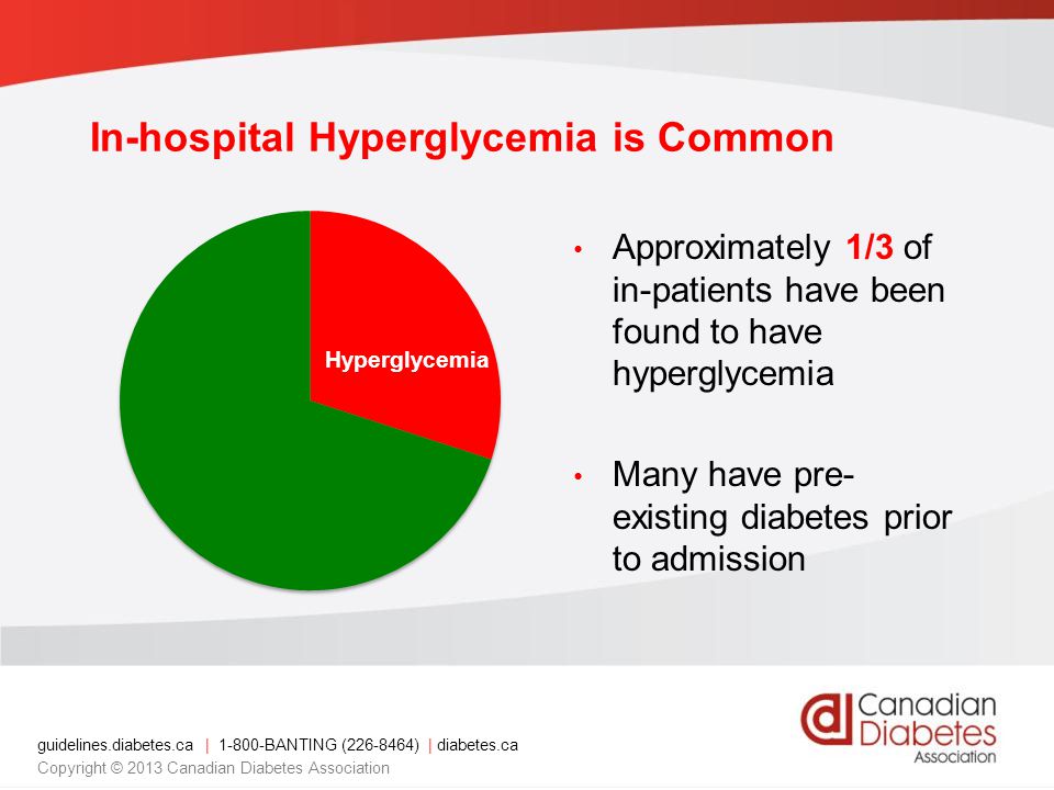 guidelines.diabetes.ca | BANTING ( ) | diabetes.ca Copyright © 2013 Canadian Diabetes Association Approximately 1/3 of in-patients have been found to have hyperglycemia Many have pre- existing diabetes prior to admission Hyperglycemia In-hospital Hyperglycemia is Common