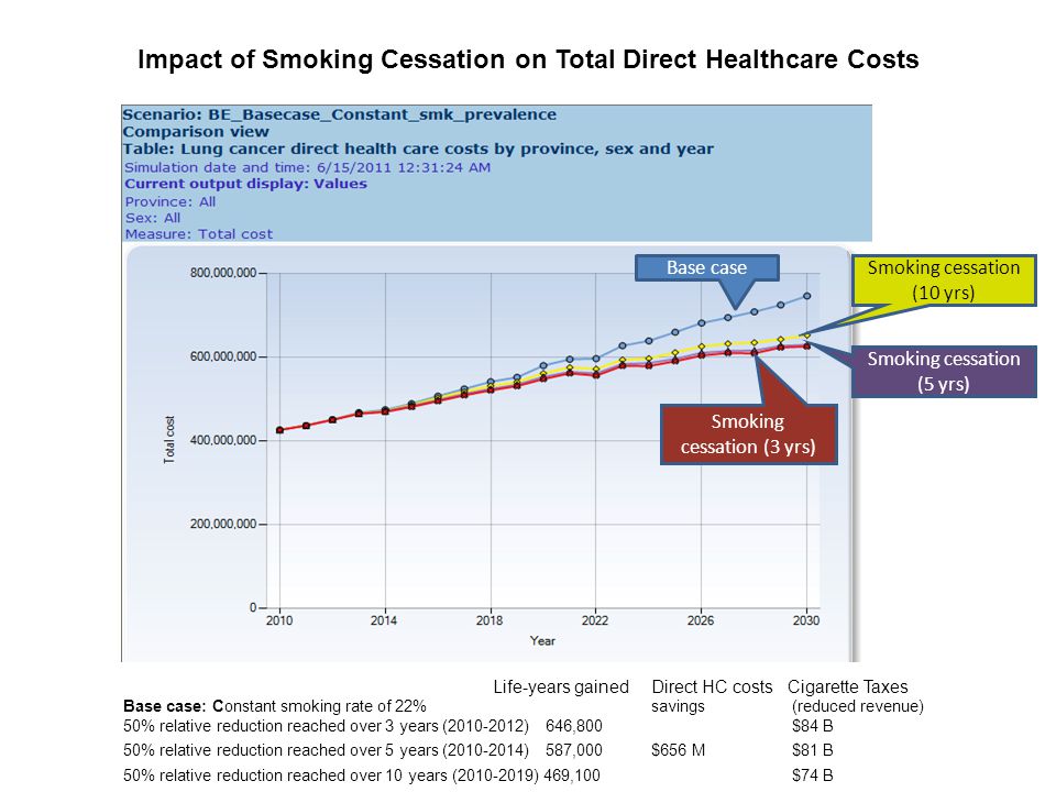 Life-years gainedDirect HC costs Cigarette Taxes Base case: Constant smoking rate of 22% savings (reduced revenue) 50% relative reduction reached over 3 years ( )646,800 $84 B 50% relative reduction reached over 5 years ( )587,000$656 M $81 B 50% relative reduction reached over 10 years ( ) 469,100 $74 B Impact of Smoking Cessation on Total Direct Healthcare Costs Base case Smoking cessation (3 yrs) Smoking cessation (5 yrs) Smoking cessation (10 yrs)