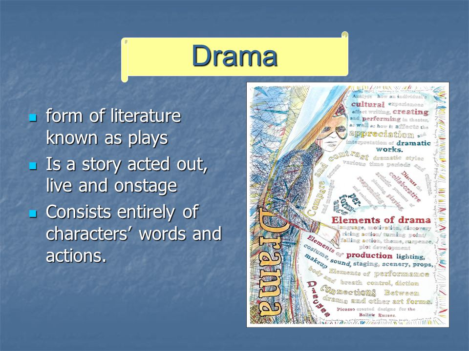 Drama form of literature known as plays form of literature known as plays Is a story acted out, live and onstage Is a story acted out, live and onstage Consists entirely of characters’ words and actions.