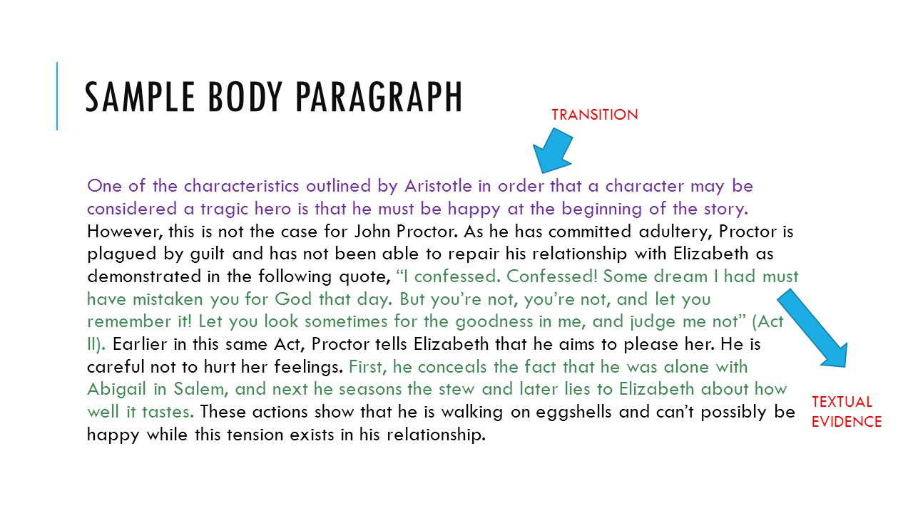 SAMPLE BODY PARAGRAPH One of the characteristics outlined by Aristotle in order that a character may be considered a tragic hero is that he must be happy at the beginning of the story.