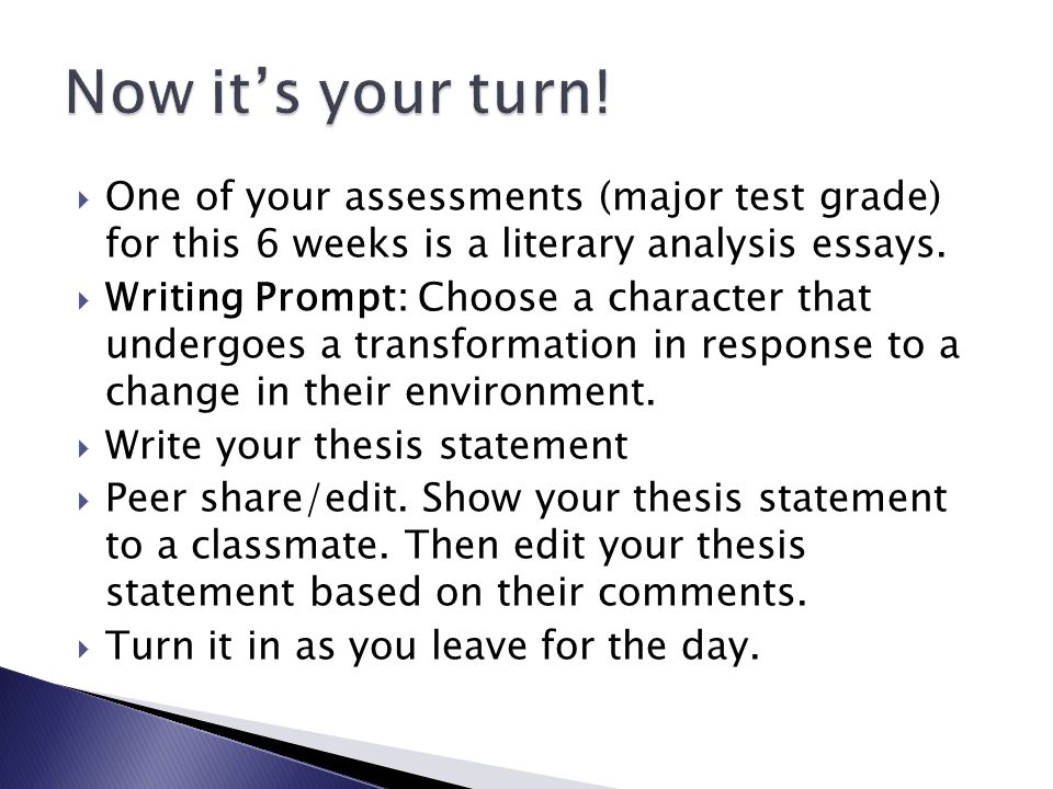  One of your assessments (major test grade) for this 6 weeks is a literary analysis essays.