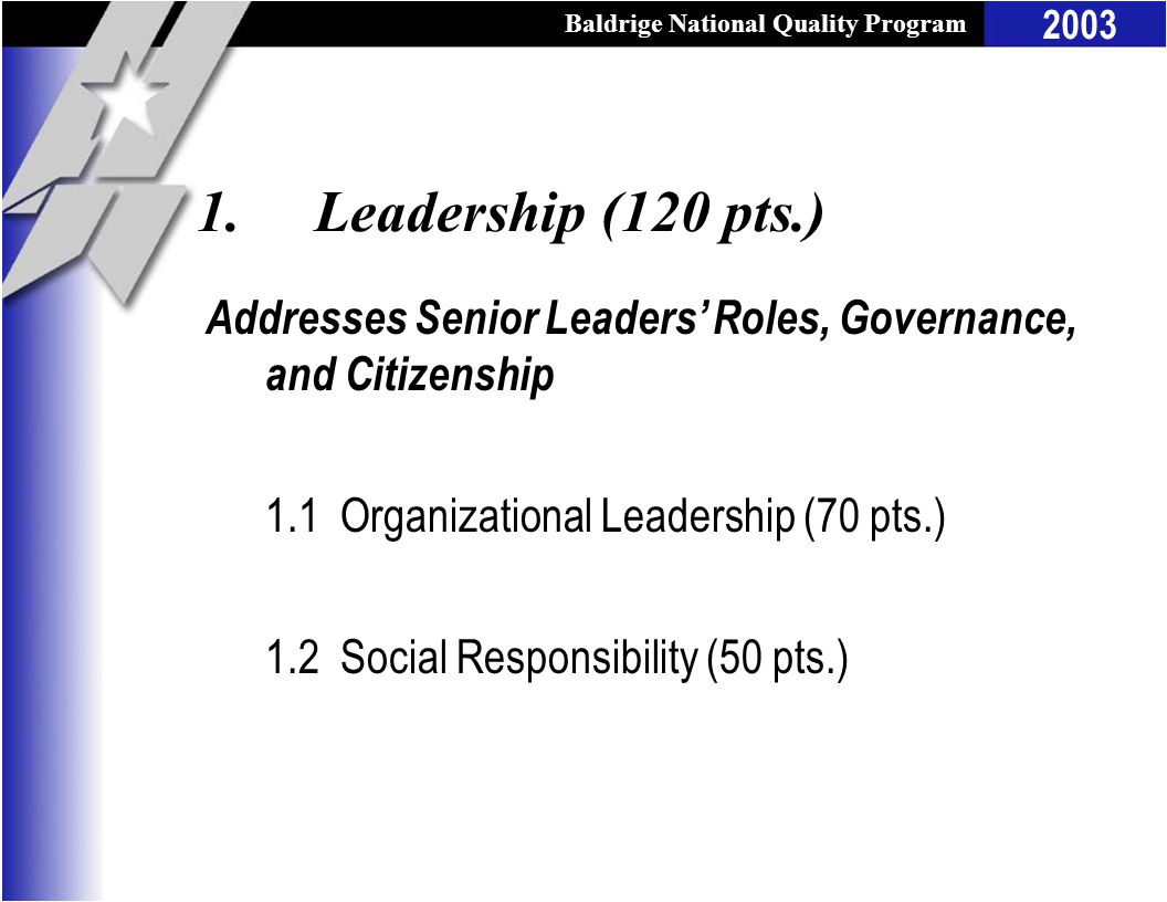 Baldrige National Quality Program 2003 Addresses Senior Leaders’ Roles, Governance, and Citizenship 1.1 Organizational Leadership (70 pts.) 1.2 Social Responsibility (50 pts.) 1.Leadership (120 pts.)