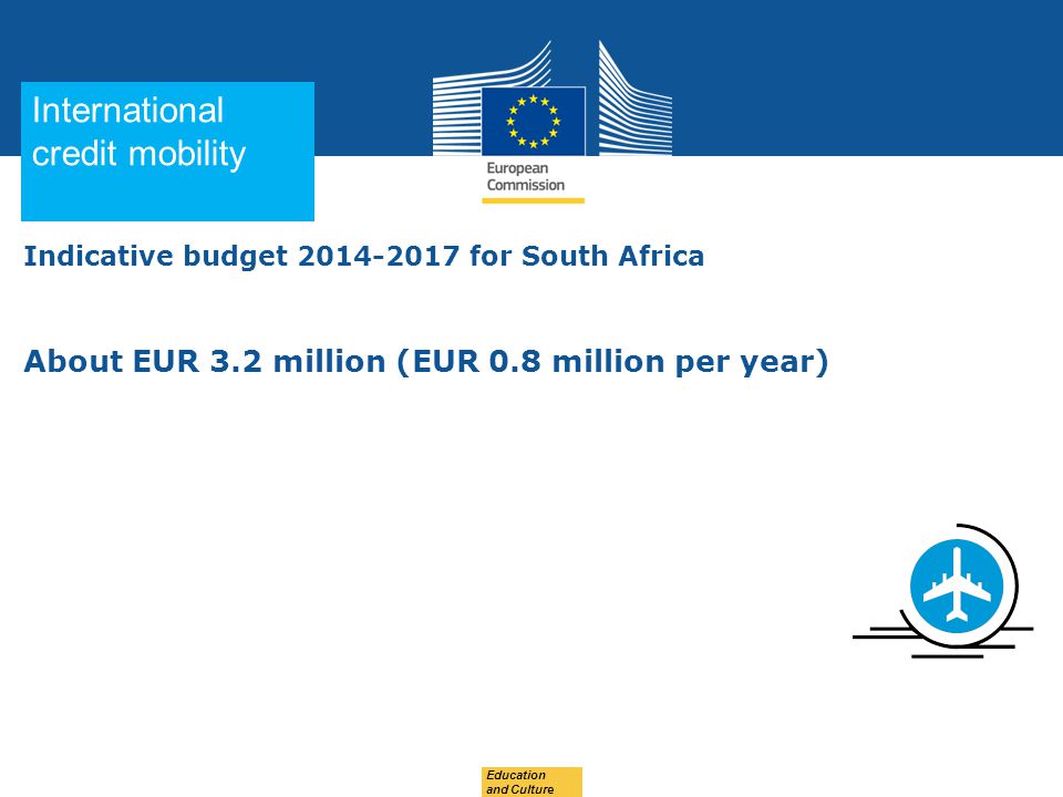 Date: in 12 pts Education and Culture Indicative budget for South Africa About EUR 3.2 million (EUR 0.8 million per year) International credit mobility