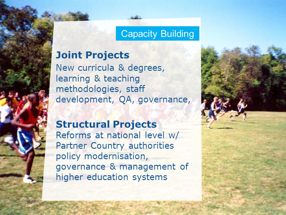 Date: in 12 pts Joint Projects New curricula & degrees, learning & teaching methodologies, staff development, QA, governance, Structural Projects Reforms at national level w/ Partner Country authorities policy modernisation, governance & management of higher education systems Capacity Building