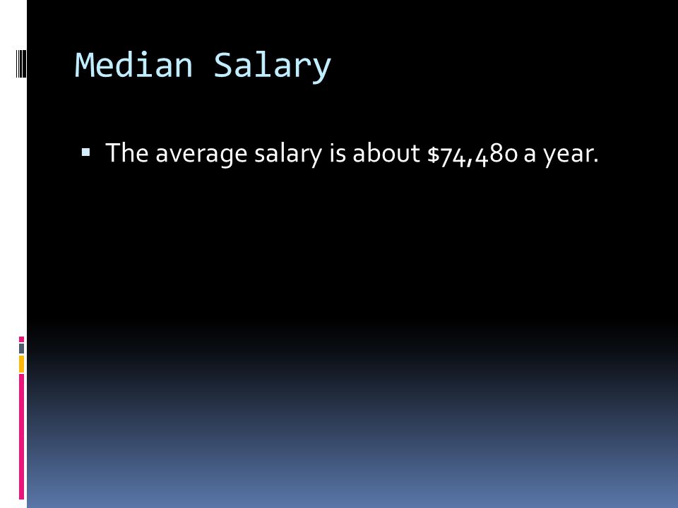 Median Salary  The average salary is about $74,480 a year.