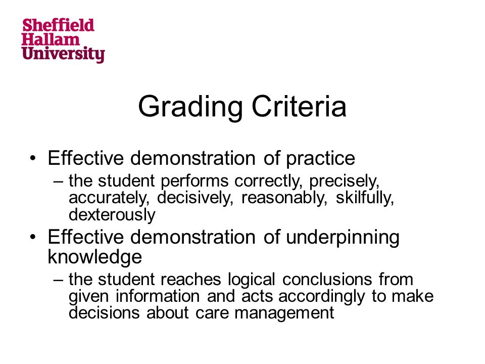 Grading Criteria Effective demonstration of practice –the student performs correctly, precisely, accurately, decisively, reasonably, skilfully, dexterously Effective demonstration of underpinning knowledge –the student reaches logical conclusions from given information and acts accordingly to make decisions about care management