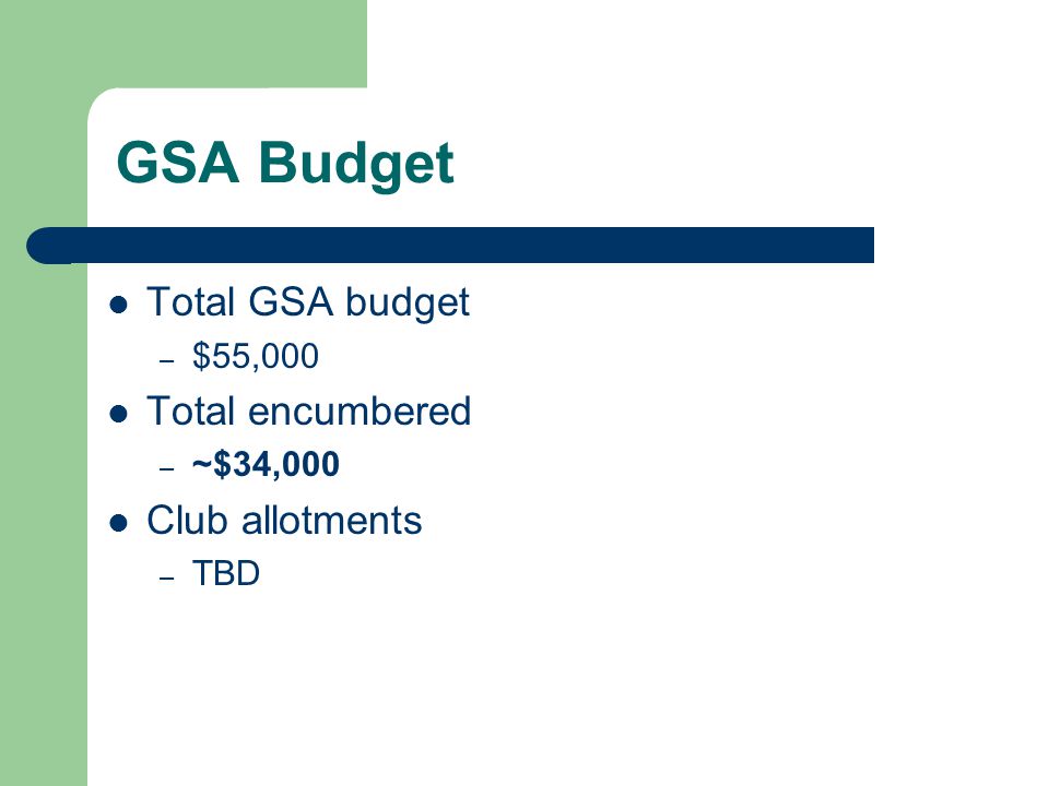 GSA Budget Total GSA budget – $55,000 Total encumbered – ~$34,000 Club allotments – TBD