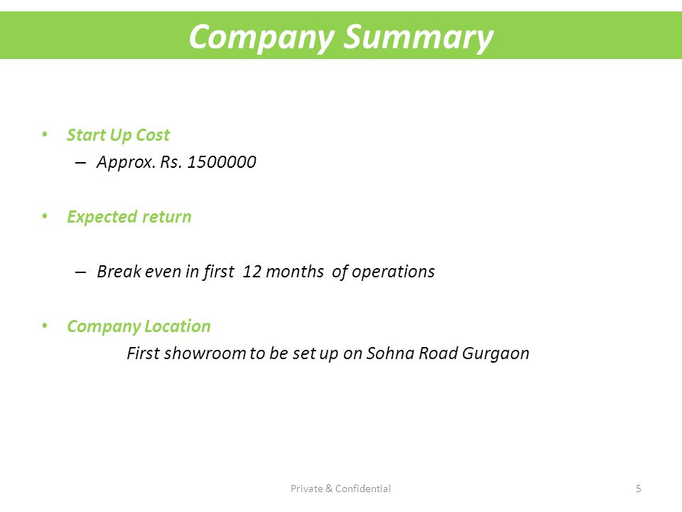 Company Summary Start Up Cost – Approx. Rs.
