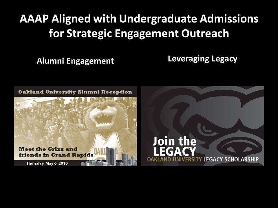 AAAP Aligned with Undergraduate Admissions for Strategic Engagement Outreach Alumni Engagement Receptions Leveraging Legacy Scholarships