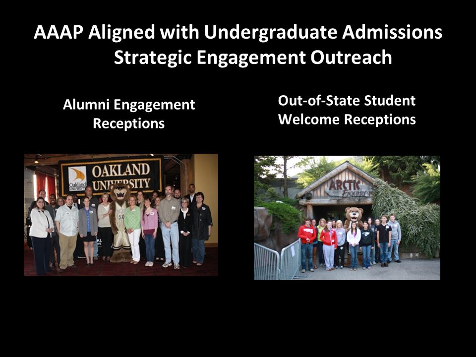 AAAP Aligned with Undergraduate Admissions for Strategic Engagement Outreach Alumni Engagement Receptions Out-of-State Student Welcome Receptions