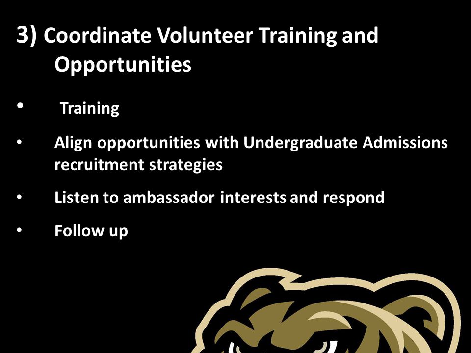 3) Coordinate Volunteer Training and Opportunities Training Align opportunities with Undergraduate Admissions recruitment strategies Listen to ambassador interests and respond Follow up