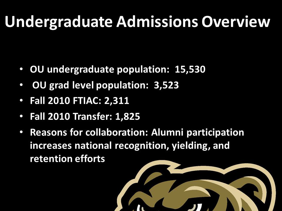 Undergraduate Admissions Overview OU undergraduate population: 15,530 OU grad level population: 3,523 Fall 2010 FTIAC: 2,311 Fall 2010 Transfer: 1,825 Reasons for collaboration: Alumni participation increases national recognition, yielding, and retention efforts