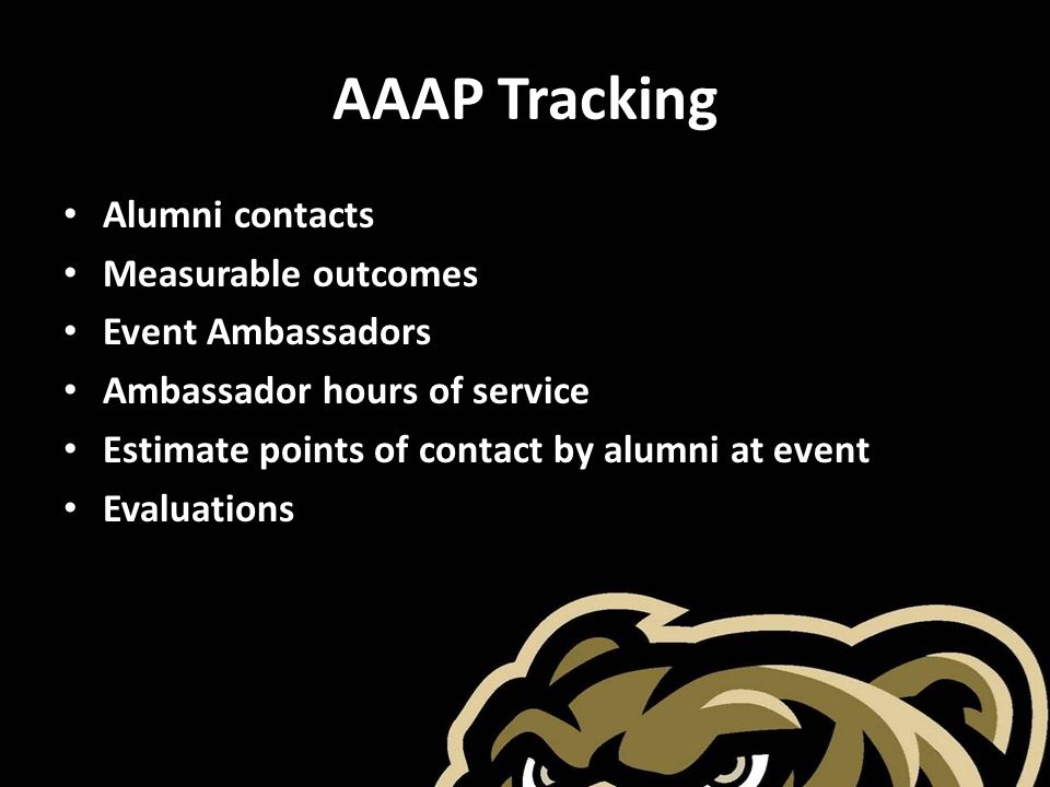 AAAP Tracking Alumni contacts Measurable outcomes Event Ambassadors Ambassador hours of service Estimate points of contact by alumni at event Evaluations