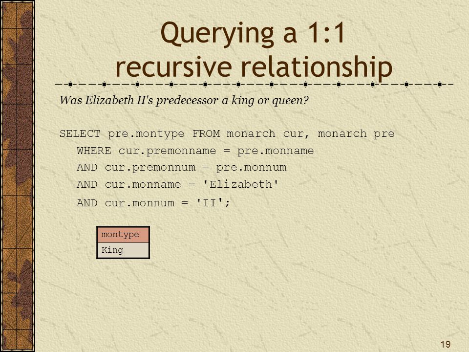 19 Querying a 1:1 recursive relationship Was Elizabeth II s predecessor a king or queen.