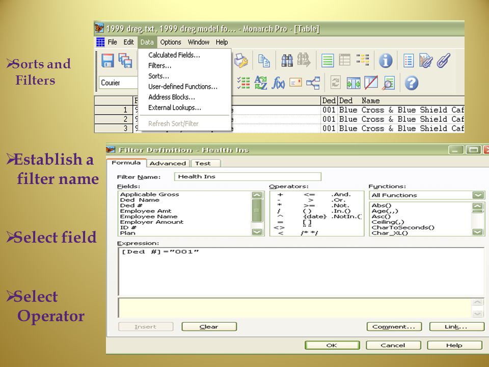  Sorts and Filters  Establish a filter name  Select field  Select Operator