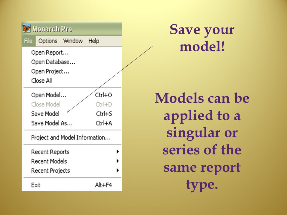 Save your model! Models can be applied to a singular or series of the same report type.