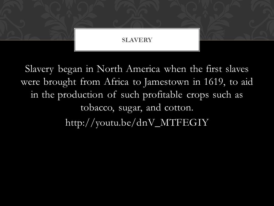 Slavery began in North America when the first slaves were brought from Africa to Jamestown in 1619, to aid in the production of such profitable crops such as tobacco, sugar, and cotton.