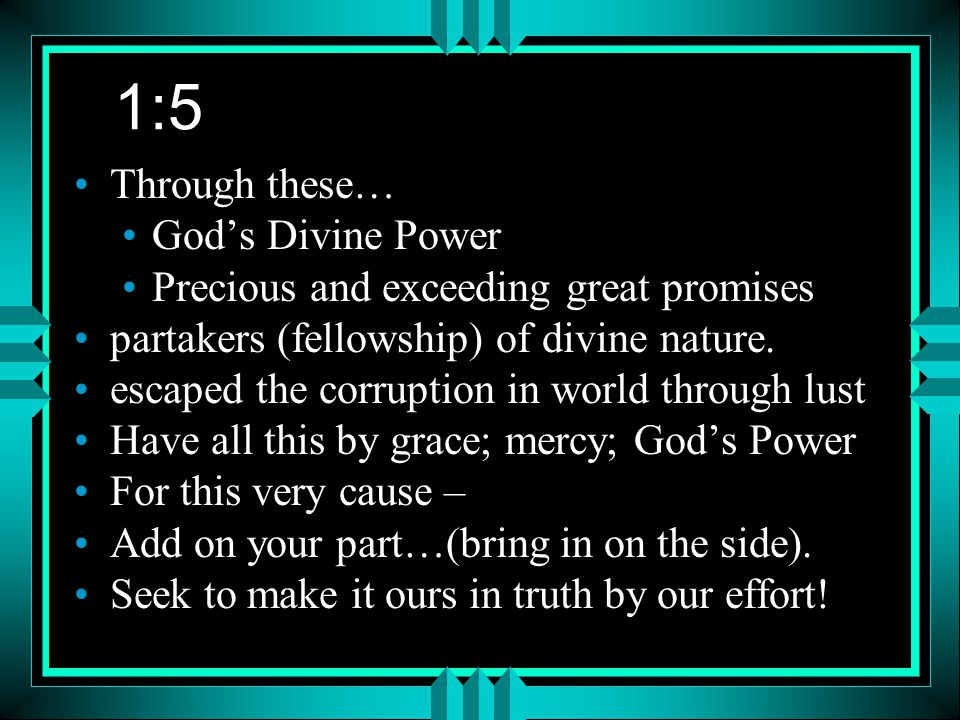Through these… God’s Divine Power Precious and exceeding great promises partakers (fellowship) of divine nature.