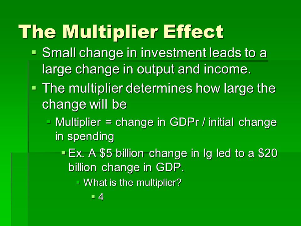 The Multiplier Effect  Small change in investment leads to a large change in output and income.