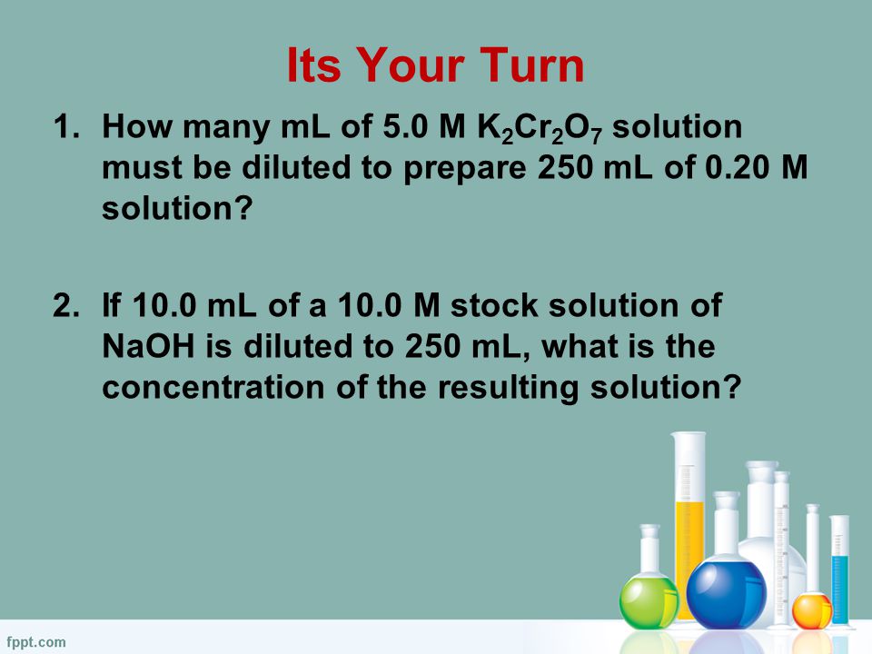 Its Your Turn 1.How many mL of 5.0 M K 2 Cr 2 O 7 solution must be diluted to prepare 250 mL of 0.20 M solution.